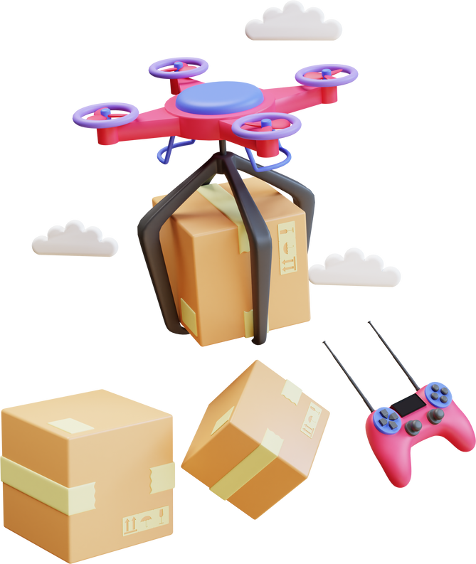 3d render drone courier with box package